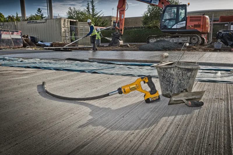 Outil sans fil DEWALT sur béton avec seau et truelle. Ouvriers et excavatrice en arrière-plan.